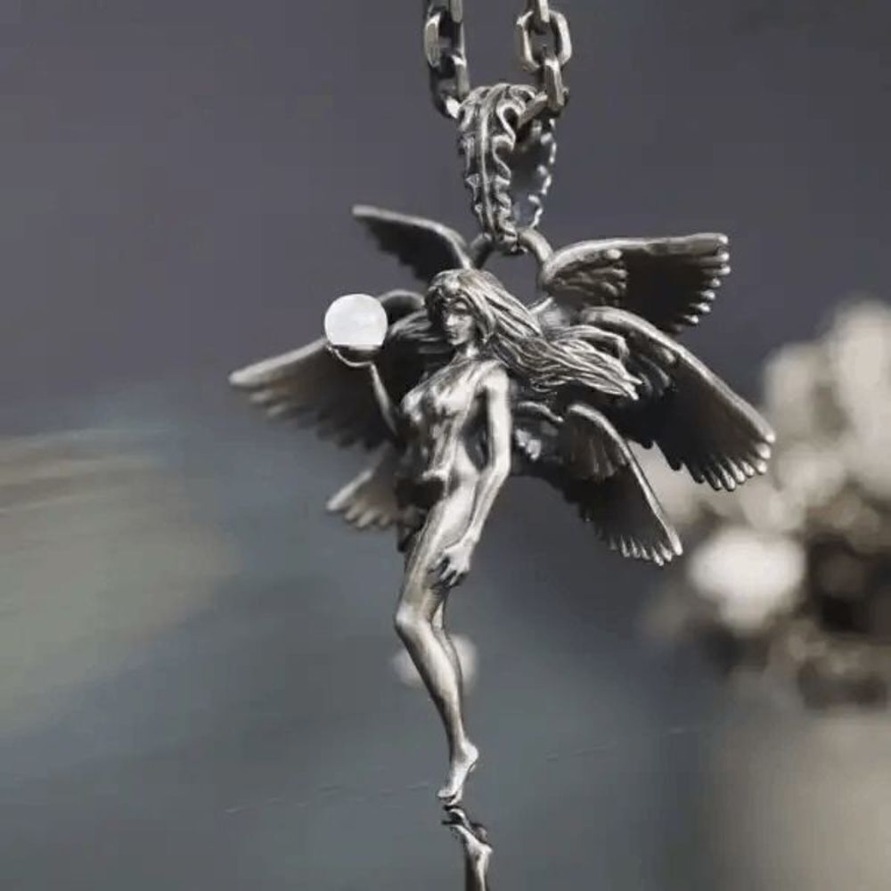 Moon Angel Fairy 3D Stainless Steel Pearl Unisex Pendant Necklace